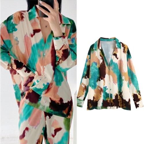 Zar 2021 Womens Oversize Shirt Traf Printed Loose Blouse Tie-dye Graffiti Fashion Classic Long-sleeved Summer British PL889