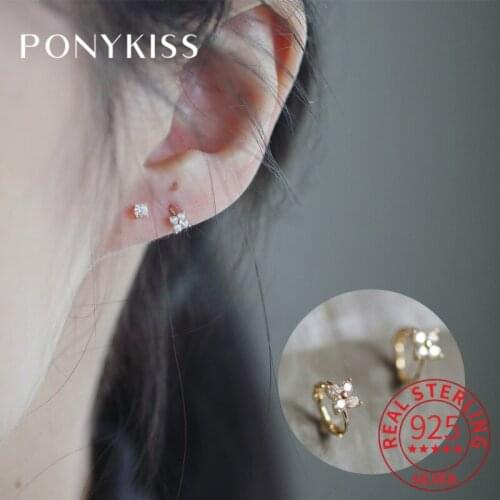 PONYKISS Trendy S925 Sterling Silver Four-Leaf Flower Zircon 14K Gold Hoop Earrings For Women Lovely Fine Jewelry Drop Shipping