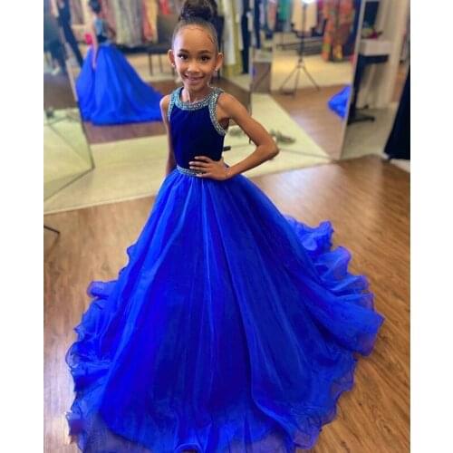 Blue A Line Flower Girls Dresses Bead Neck Organza Kids Pageant Gown Custom Made Child Party Skirts