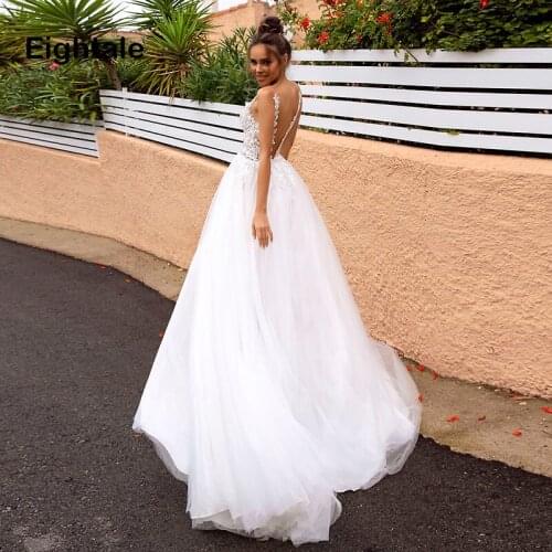Eightale Princess Wedding Dresses 2019 Sexy V- Neck Appliqued Boho Bride Dress Backless High Side Split Tulle Wedding Gown