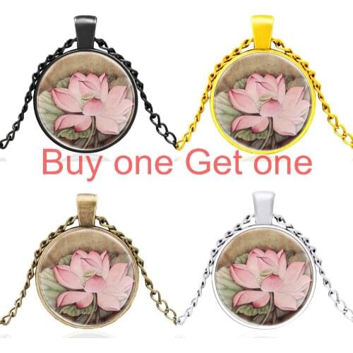 Vintage Pretty Water Lotus Charm High Quality Glass Dome Pendant Necklace Men Women Jewelry Accessories Gifts