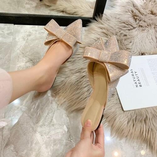 Pointed toe half slippers Female summer wear 2019 new fashion Rhinestone bow Lazy flat sandals Womens shoes