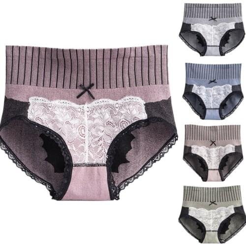 Womens High-Waisted Abdomen Pure Cotton Buttocks Breathable Lace Panties