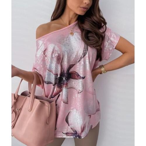 Women Shirts Blouses Fashion Skew Collar Tops Casual Print Womans Tops Ladies Plus Size Shirt Summer Short Sleeve Streetwear