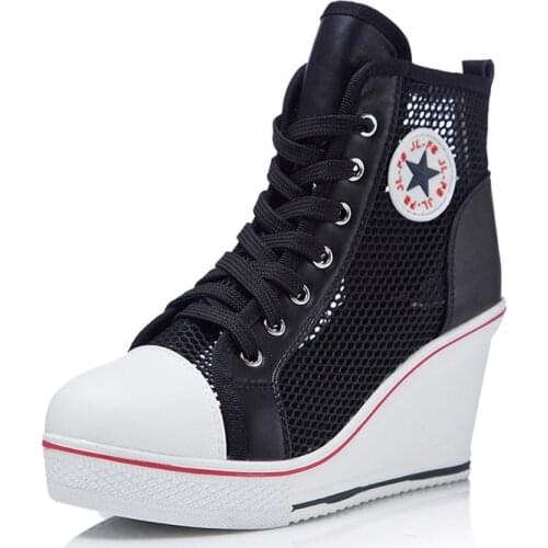 New Summer Womens Wedge Mesh Casual Shoes Fashion Black White Pink Stealth Increase Breathable High-top Sneakers