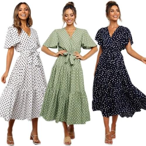 Dasswei Chiffon Polka Dot Dress For Women Casual V-Neck Short Sleeve Slim Midi Dresses 2020 Summer Female Printed Dress Holiday