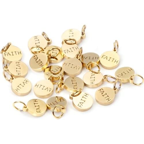 ASON10pcs/Lot Stainless Steel Charms For Jewelry Making Gold Silver Color Round Shape With Letter Faith Pendant For Bracelets