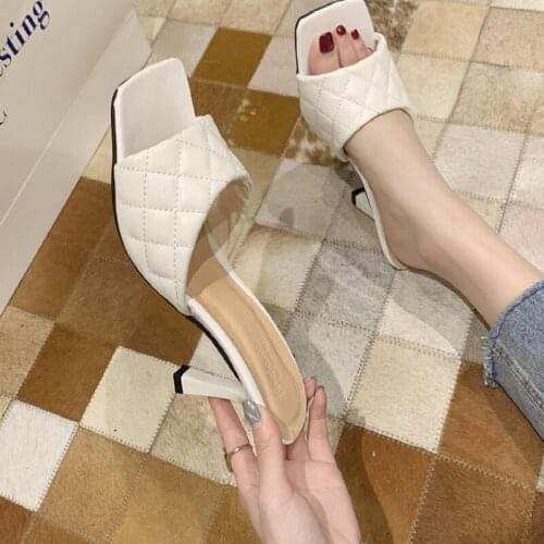 2020 Sqaure Toe Quilted Heeled Mule Black PU Leather Kitten Heel Shoes Women High heels Sandals Sliper Woman Shoes White Blue