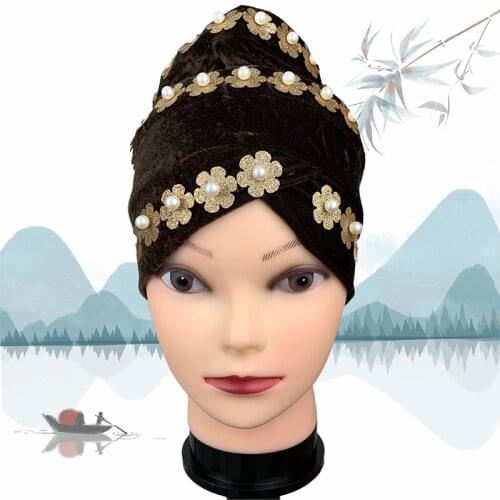 2021 Best Selling Flannel Hat Womens Cap Forehead Cross Muslim Base Scarf Indian National Style Pearl Headdress