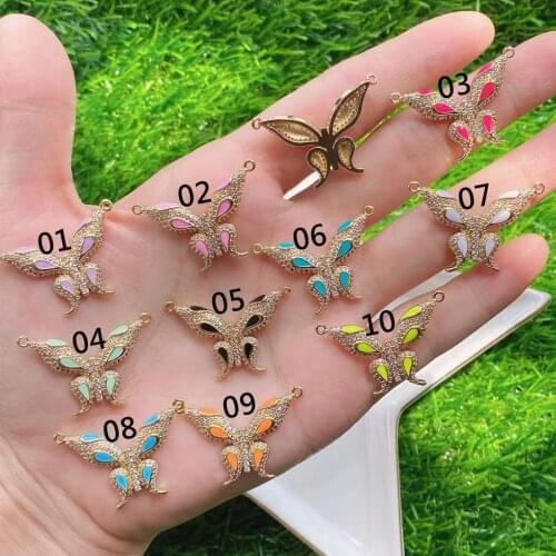 5Pcs Fashion Jewelry Zircon CZ Crystal Charm Enamel Butterfly Pendant Gold Filled, Necklace Charm Making