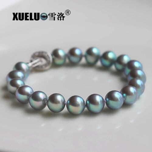 XUELUO 9-10mm Classic Gray Genuine Natural Cultured Near Round Freshwater Pearl Bracelet