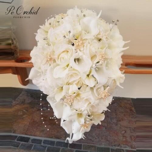 PEORCHID Crystal Brooch Wedding flowers Bridal Bouquet Waterfall Artifical Calla Lily Rose Starfish Beach Style Teardrop Bouquet