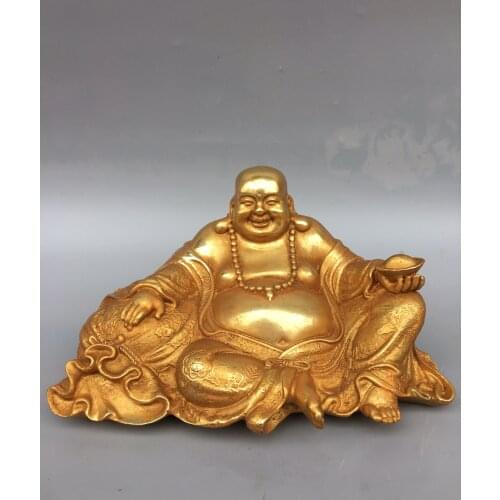 Home Decor 9" Tibet Buddhism Old Bronze Gilt Maitreya Money bag Ingot Big Belly Buddha Lucky Enshrine the Buddha