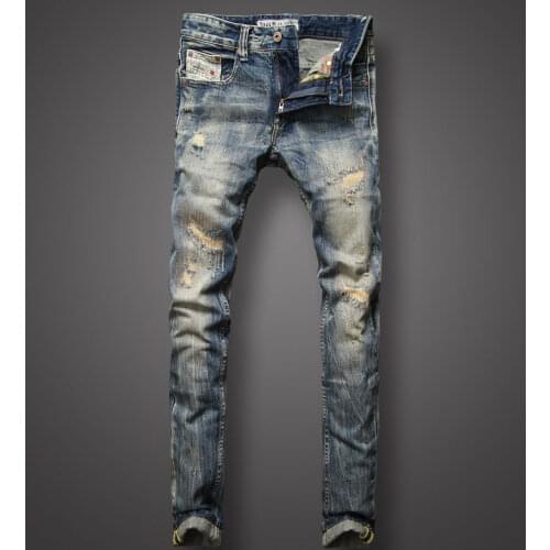 European Vintage Fashion Men Jeans High Quality Retro Distressed Ripped Jeans Men Patchwork Designer Casual Cotton Denim Pants