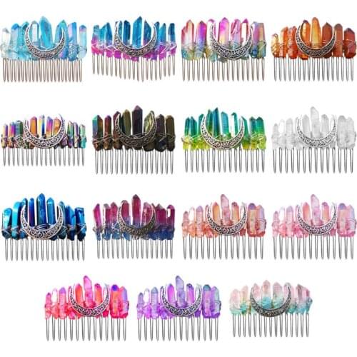 Gradient Rainbow Faux Raw Crystal Hair Comb Angel Aura Quartz Bridal Wedding Hairpin Jewelry Alloy Moon Boho Tiara Crown Stick