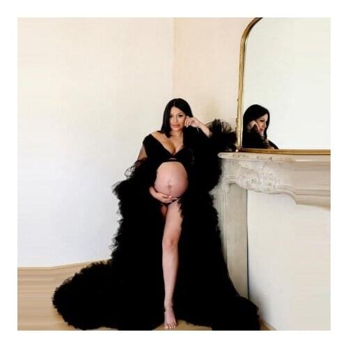 Classic Tulle Maternity Robes Front Open With Waistband Floor Length With Train Sheer Sexy Pregnancy Gowns Extra Puffy
