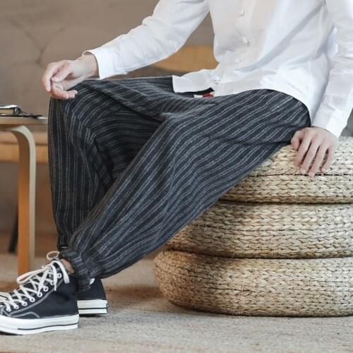 Mens Loose Pants Fashion Oversize Chinese Style Wool Pants Plus Size Cuffed Pants Autumn Winter Pants Striped Pants