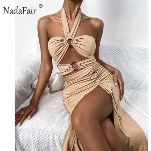 Nadafair Strapless Halter Neck Bandage Midi Summer Sexy Dress For Women Club Wear 2021 Off Shoulder Cut Out Bodycon Party Dress