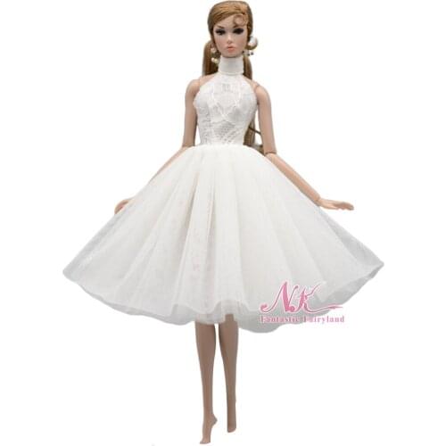 NK 1 Pcs Doll Dress White Short Bridal Wedding Dress Wear Party Lace Gown Clothes for Barbie Doll Accessories Toy 081A