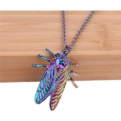 New Fashion Rainbow Cicada Pendant Necklace Choker Animal Charm 50cm Steel Chain Factory Price Handmade Jewelry 23604