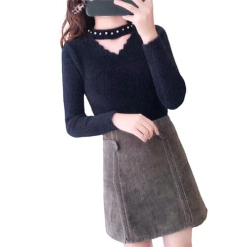 Imitation Mink Fleece Autumn And Winter New Slim Long-Sleeved Knitted Top With Brick Inlaid V-neck Solid Color Sweater Warm Top