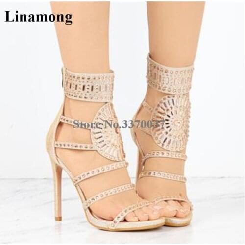 New Arrival Women Fashion Open Toe Champagne Bling Bling Rhinestone Gladiator Sandals Ankle Wrap Crystal High Heel Sandals