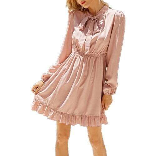 Pdfmily Pink Elegant Fashion Bow Tie Dresses Women Autumn Sweet Long Puff Sleeve Elastic Waist Ruffles A Line Casual Mini Dress