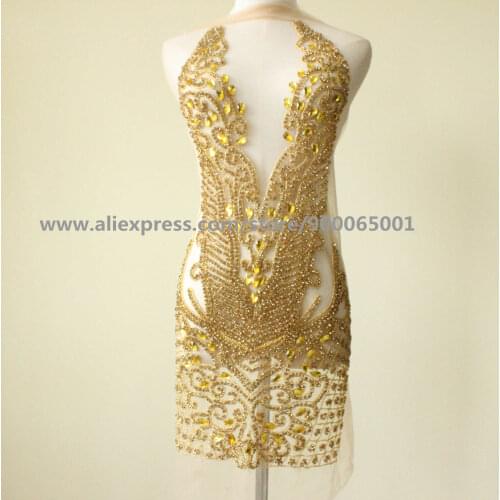 Deluxe gold rhinestone bodice applique, gold crystal applique, crystal bodice applique for wedding dress, haute couture