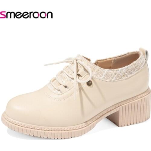 Smeeroon 2021 Hot Sale Single Shoes Women High Heels Classic Casual Shoes Round Toe Pu Lace Up Zip Thick Heel Women Pumps