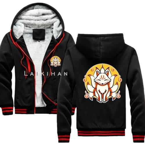 Men Thicken Sweatshirt New Black Japanese Kami Inari Fox Kitsune Shrine Hoodie Hip Hop Jacket Hoody Tops Harajuku