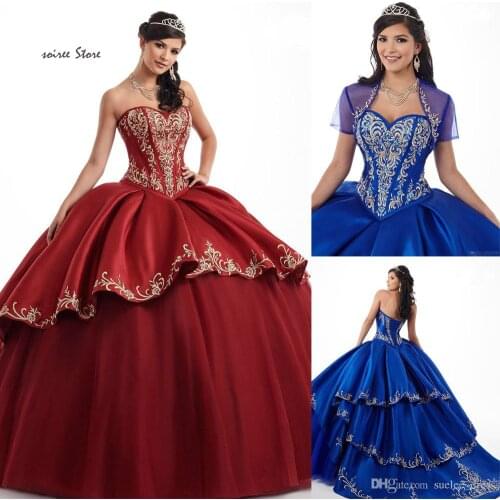 Embroidery Royal Blue Quinceanera Dresses Mexican Ball Gown Red Prom Dress With Jacket Tiered Satin Tulle Sweet 15 Dress Corset