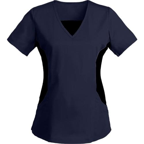 40# Women Nurses T-shirts Short Sleeve V-neck Work Uniform Solid Patchwork Pocket T-shirts Tops Stitching Nurse Uniform T-shirts