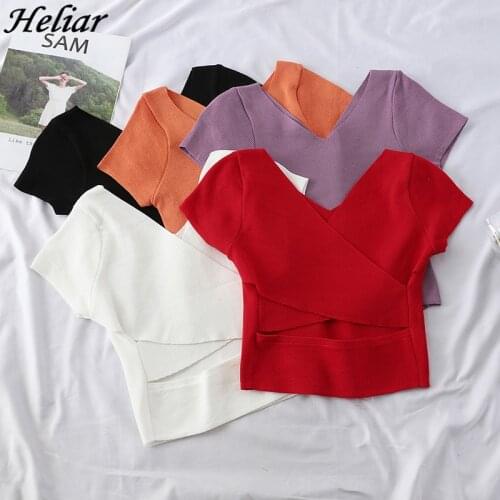 HELIAR Women Knitted T-shirts Cross Crop Tops Ladies V-neck Crop Tees Solid Short Sleeve T-shirts Women 2021 Summer Tees