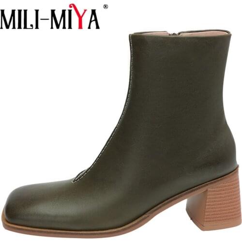 MILI-MIYA 2021 New Women Ankle Boots Square Toe Chunky High Heel Women Female Sexy Zipper Autumn Winter Ladies Shoes Green Brown