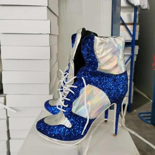 Women Blue Bling Bling Patchwork Intrigue Ankle Boots Perforation toe Lace up High Heels Short Boots Girls Night Club Botine