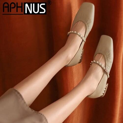 APHNUS Womens Shoes Beading Pearl Buckle Flats Slouch Beading Woman 2021 Shoes For Women New Square Toe