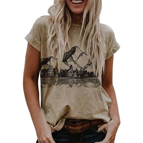 40# Vintage Women T-shirts Harajuku Landscape Print Oversized Tee Top Summer Short-sleeved T-shirts Women Clothing T-shirts Топ