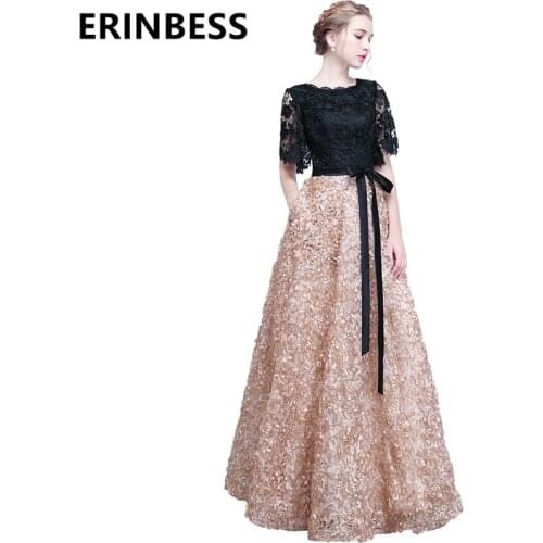 Vestido De Festa 2019 Black And Champagne Evening Dresses A Line Scoop Neck Half Sleeve Vintage Lace Party Gowns Robe De Soiree