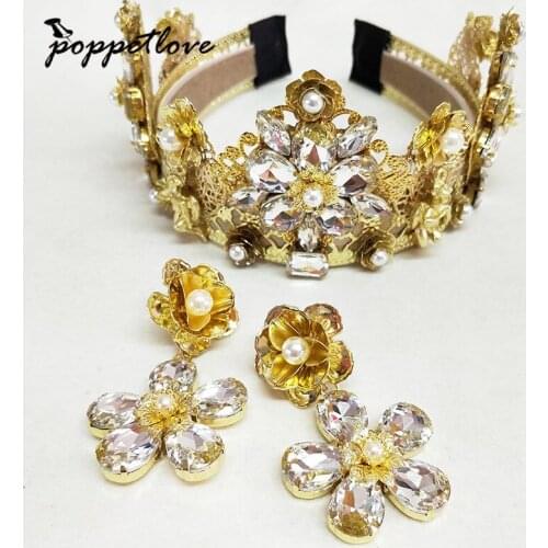 1Set Baroque Retro Luxury Pearl Crystal Gold Crown Bridal Wedding Jewelry Rhinestone Tiaras Crowns Pageant Dress Hair Accessoriy