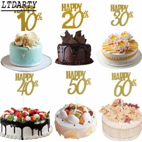 1pcs Home Cake Happy 20th 30th 40th 50th 60th Cupcake Flag Topper Card Birthday Party Cake Flag DIY Decoration Prop Supplies