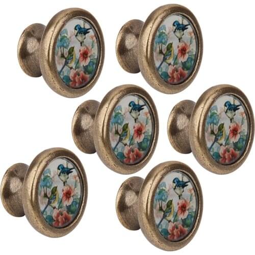 6 X Cabinet Door Drawer Bin Handle Pull Knob Hardware -Bird And Flowers