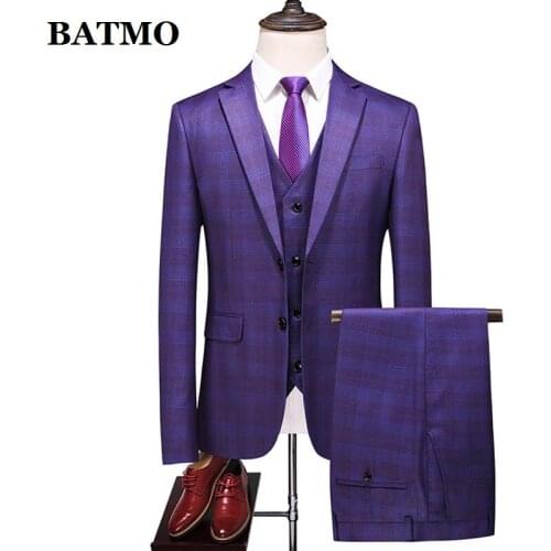 BATMO 2021 new arrival spring plaid casual suits men,mens wedding dress,jackets+pants+vest 718
