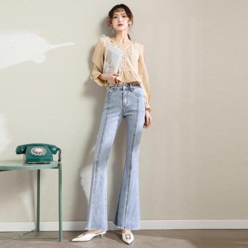 Pale Blue High Waist Micro Jeans For Women Casual Slim Boot Cut Jeans Denim Pants Streetwear Long Flare Denim Trousers