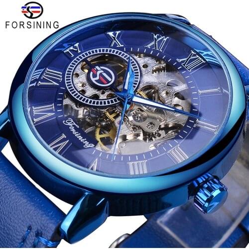 Forsining Full Blue Watches Men Skeleton Mechanical Watch Hand Wind Genuine Leather Strap Classic Business Wristwatch Clock Gift