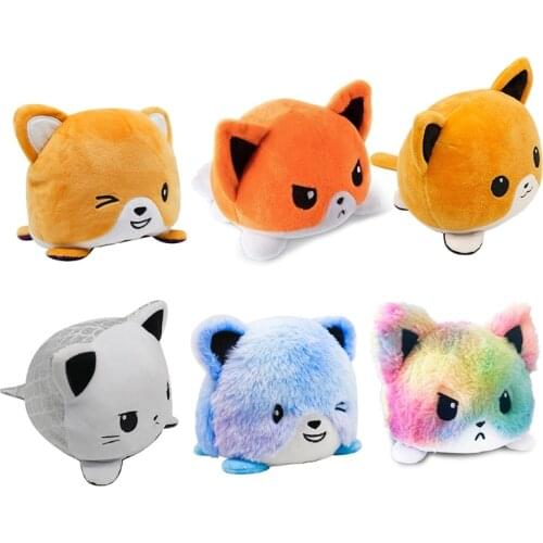 Reversible Cartoon Animals Cat Dog Cute Plush Toys Double-Sided Expression Flip Doll for Kids Girls Halloween Christmas Gifts