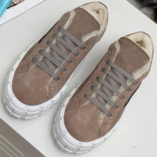 Leather White Shoes Chunky Wool Sneakers Women Shoes Platform Shoes Vulcanize Shoes For Women Sneakers Fashion Designer Shoes