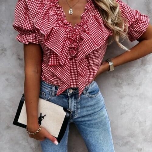 Summer New Plaid Blouse Lady Style All-match Female Top V-Neck Slim Puff Sleeves With Fungus Blusas