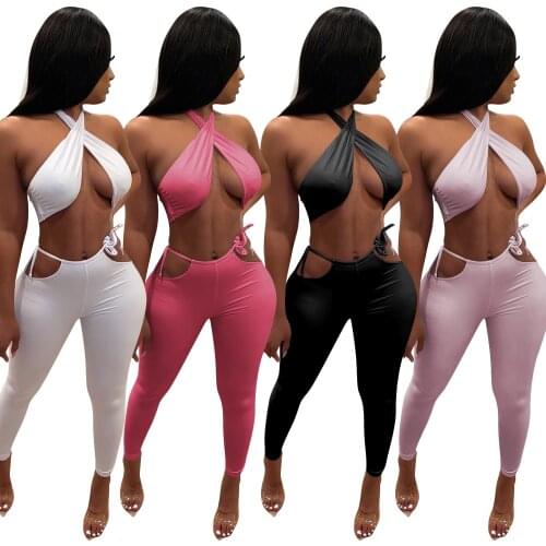 Cutubly Sleeveless WomenS Set Outfits Summer Solid Sexy Two Piece Sets Halter Tops Hollow Out Trousers Set Club Party Tracksuit