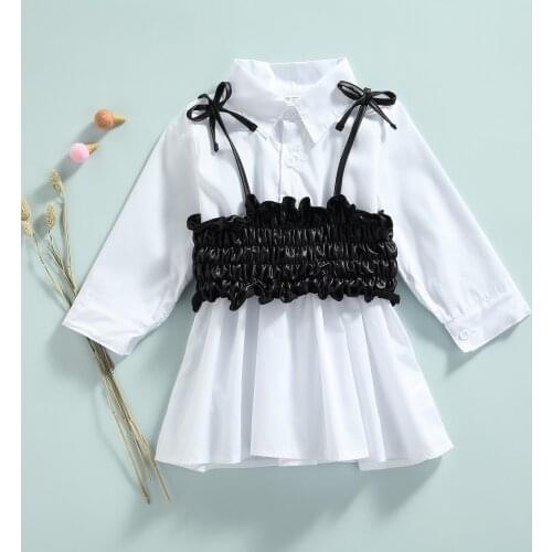 Fashion Toddler Girl’s Long Sleeve Dress and Camisole Solid Color Lapel Shirt Dress with Leather Vest For Infant Girls Clothes
