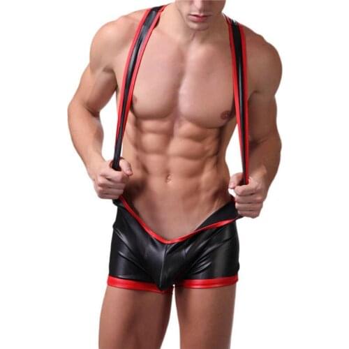 Mens Sexy Leotard Underwear Sleeveless Gay Stretch Tight Wrestling Singlet Faux Leather Shiny Briefs One Piece Jumpsuit Bodysuit